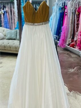 Johnathan Kayne Olive Bodice Ivory Tulle Gown with Beaded Waist